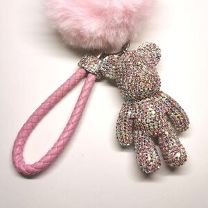 Pink Pom Pom and Rhinestone Bear Keychain